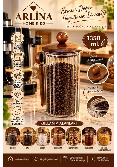 1350 Ml Akasya Kapaklı Kaşıklı Cam Kavanoz Şeffat Cam - Akasya Ahşap Kapak