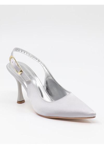 Nesilshoes Nesil Shoes Uraz 800 Gümüş Saten Arkası Açık Topuklu Kadın Ayakkabı