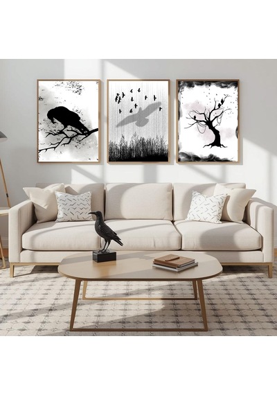 Besay Modern Kuzgun Ve Kuş Temalı Poster Seti Gotik Gizemli Duvar Dekorasyonu Siyah Beyaz Karga Ve Dal Tasarımlı Poster 3