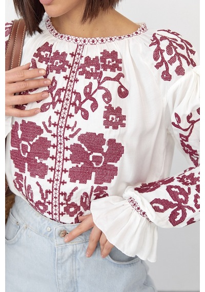 Femelle Kadın Yeni Sezon Komple Çiçek Nakış İşlemeli Tasarım Vintage Bluz Beyaz