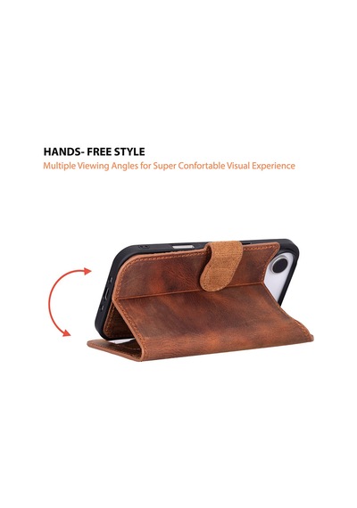 Bloomcase Magic Wallet Mahogany Saddle Hakiki Deri Apple Uyumlu iPhone 17 Air 6.5" Cüzdanlı Telefon Kılıfı Kahverengi