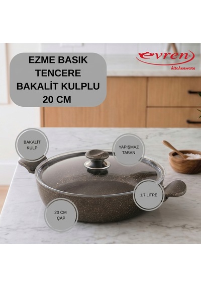20 Cm Gold Stone Ezme Seri Granit Basık Tencere, Non-stick Pilav Karnıyarık Tencere 1,7 Lt Bakalit Kulplu