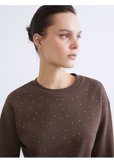 Lcw Everyday Kahverengi Taşlı Oversize Kadın Kalın Sweatshirt
