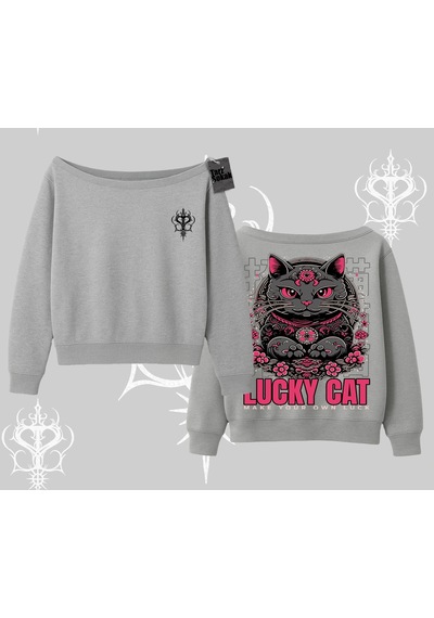 Lucky Cat Japon Tarzı Kedi Baskılı Kayık Yaka Sweatshirt Gri