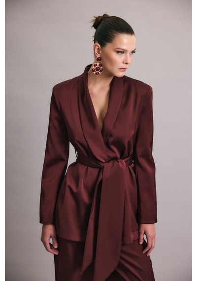 Sateen Kuşaklı Saten Ceket - Bordo-137007 Bordo