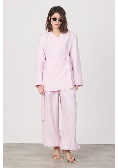 Diemmood Kadın Pile Ve Kemer Detaylı Pantolon Lastikli Pembe Oversize Takım