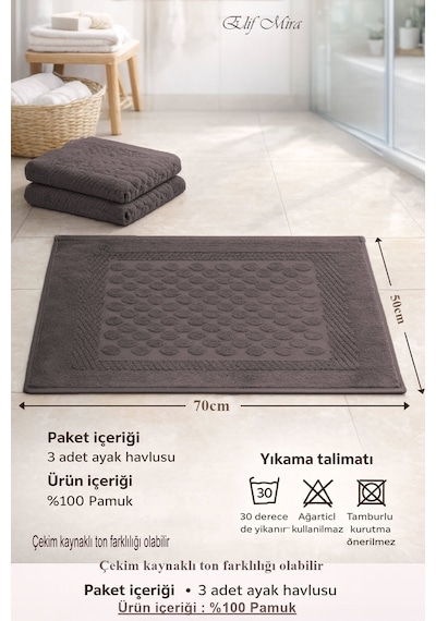 3 Lü Banyo Ayak Havlusu Seti %100 Pamuk Damatouch Antrasit