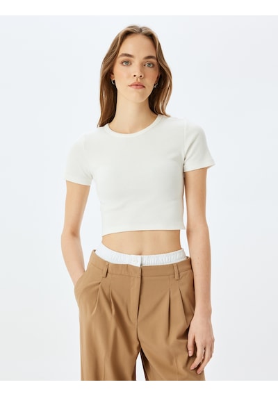 Koton Basic Kısa Kollu Bisiklet Yaka Slim Fit Crop Kaşkorse Tişört Ekru 5sal10049ık Ekru
