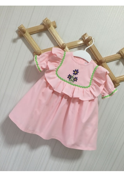Toz Pembe Nakış Ve Su Taşı Detaylı Kız Çocuk Bebek Cici Elbise Çok Renkli