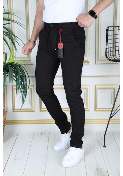 Phantom Jeans Erkek Siyah Slim Fit Esnek Likralı Armürlü Keten Pantolon Bağcıklı Kemerli Beli Lastikli Şık Pantolo Siyah