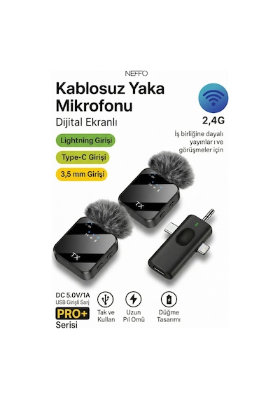 2 Mikrofonlu Kablosuz Yaka Mikrofonu Tüylü Rüzgar Önleyici 20 M Menzil İos Android Uyumlu