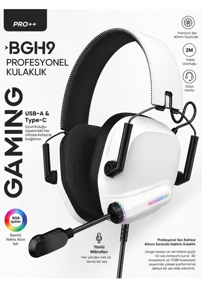Rgb Işıklı Gaming Kulaklık Mikrofonlu 40mm Sürücü Kablolu Oyuncu Kulaklığı