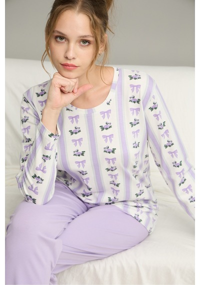 Siyah İnci Örme Pamuklu Pijama Takım25240270 Lila