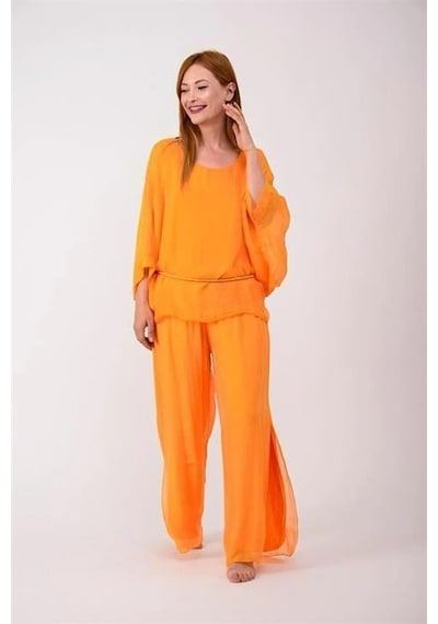 Bohem Stil İtalyan Yarasa Kollu İpek Bluz Oranj