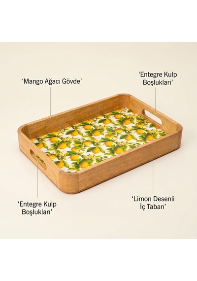 Tr Mango Ağacı Dikdörtgen Servis Tepsisi, 40 X 28 X 4,70 Cm Limon Desenli Ahşap Sunum Tepsisi, Yüksek Kenarlı Kahv