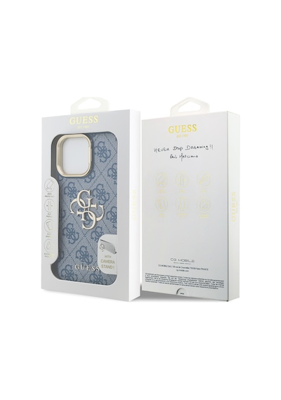 Apple iPhone 13 Pro Max Uyumlu Kılıf Guess Lisanslı Metal 4g Ve Yazı Logolu Kamera Standlı Kapak Mavi
