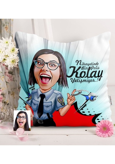 Kişiye Özel Bayan Polis Karikatürlü Saten Yastık - 1