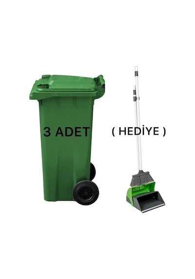 3 Adet Plastik Çöp Konteyneri 120 Lt Isıya Karşı Dayanıklı Kapaklı Faraş Hediyeli Yeşil
