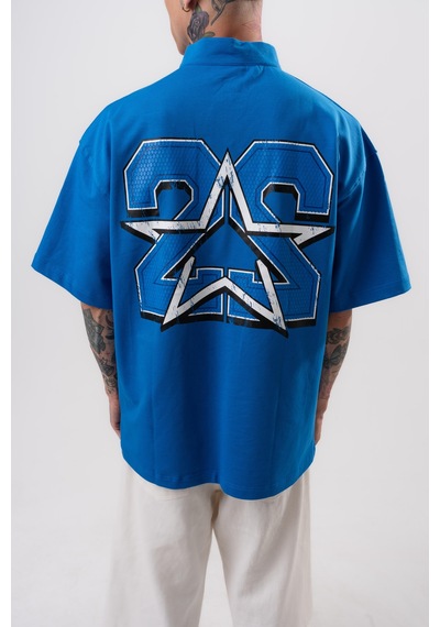 Respire Erkek 22 Baskılı Yarım Fermuarlı Oversize T-shirt Mavi