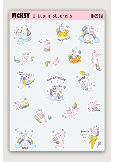 Sevimli Unicorn Pembe Yavru Kedi Sticker Seti - 18 Adet Etiket Çıkartma Diğer