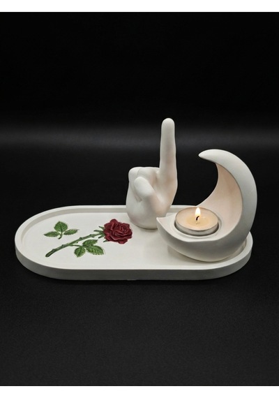 Gül Desenli, Tevhid Eli Biblo Ve Hilal Mumluk Seti Tealight Mum Hediyeli - İslami Ev Hediyesi Dekoratif