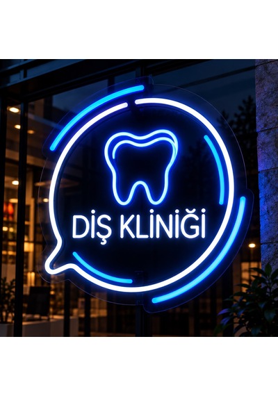 Diş Kliniği Neon Led Tabela 60x30 Cm Diş Figürlü Işıklı Pleksi Tabela Mavi Beyaz