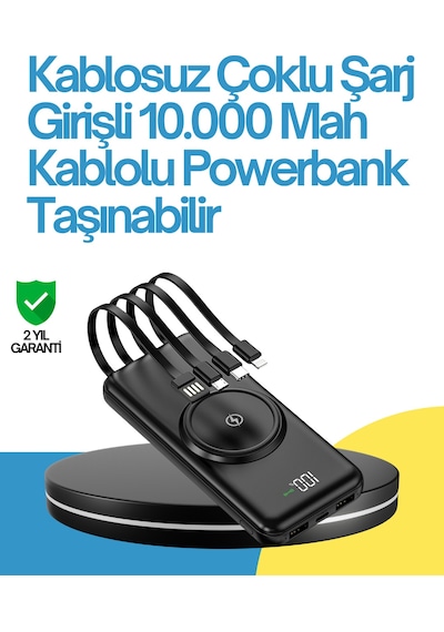 10000mah - 69 - Kablosuz Ve Hızlı Şarj Destekli Powerbank Tnabilir - Edntrend - Şarj Gücü siyah
