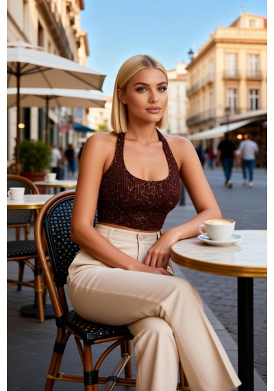 Benerly Kadın Bluz Crop Kare Yaka Kolsuz Bedene Oturan Örme Payet Dokuma Kahverengi Benerly Kadın Bluz Crop Kare Yaka Kolsuz Bedene Oturan Örme Payet Dokuma Kahverengi