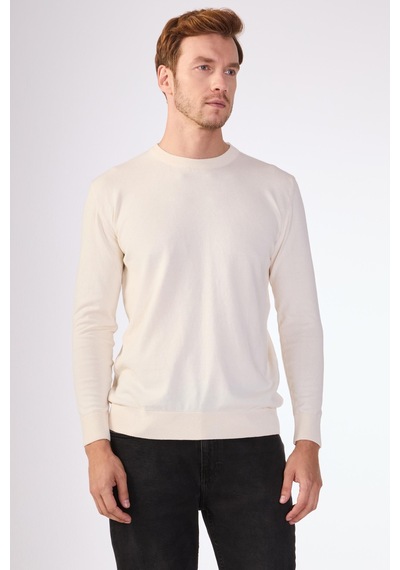 Dufy Ekru Bisiklet Yaka %100 Pamuk Düz Renk Slim Fit Erkek Triko Ekru