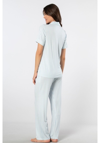 Türen Çizgili Kısa Kollu Gömlek Yaka Pijama Takımı Mavi