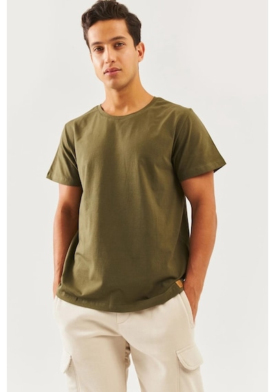 Erkek Oversize Rahat %100 Pamuklu Penye Bisiklet Yaka Kısa Kol Basic T-shirt Classic Collection Haki