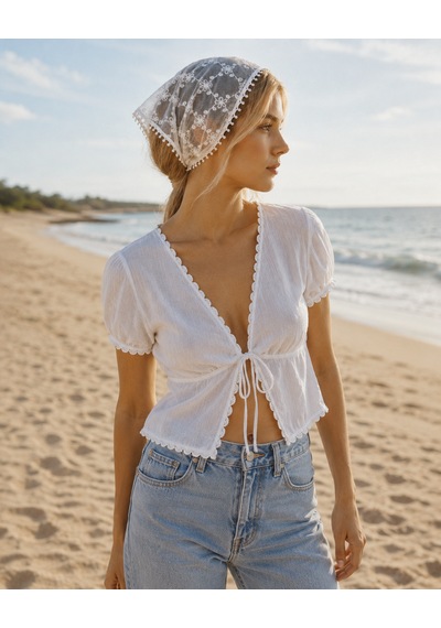 Haki Store Dantel Bandana Beyaz Çiçek Desenli Transparan Bel Bandanası Saç Ve Bel Aksesuarı