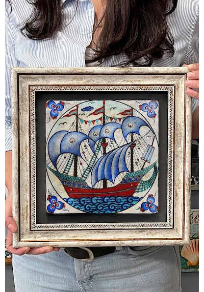Oscar Stone Decor Çerçeveli Tablo Taş Duvar Dekoru 30 X 30 Cm Çini Seramik Gemi Figürlü Tablo Diğer