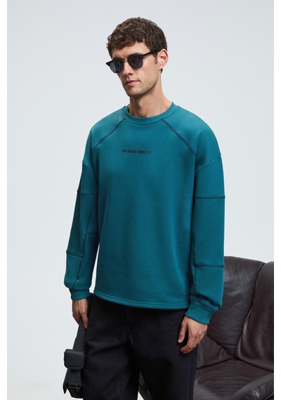 Grımelange HAL Erkek Yuvarlak Yaka Önünde Ve Kollarında Süs Dikiş Detaylı Baskılı Regular Fit Yeşil Sweatshirt
