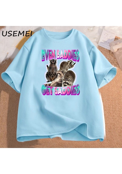 Flood Of Style Erkek Pamuk T-shirt Bile Baddies Olsun Saddies Rakun Komik Garip Belirli Meme Grafik Baskılı Mavi