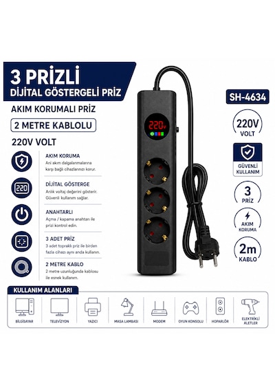 Sh-4634 3 Lü Akım Korumalı Priz Dijital Voltaj Göstergeli 2500w 2 Metre Kablolu Anahtarlı Topraklı Çoklu Grup Priz 2 M