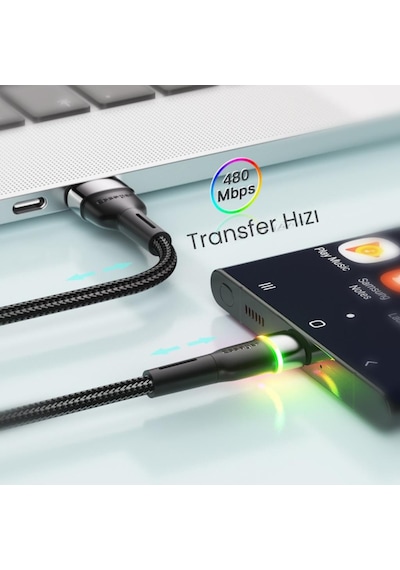 Essager Led Işıklı 2 Metre 3a Usb To Type-c Ultra Hızlı Şarj Kablosu,dayanıklı Renkli Led Işıklı Kablo