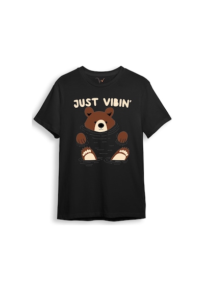 Just Vibin Sevimli Ayıcık Baskılı Regular Fit %100 Pamuk Siyah T-shirt Siyah