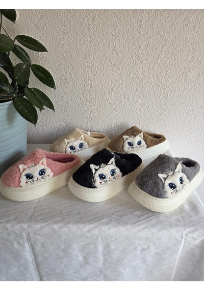 Kadın Kedili Peluş Rahat Ev Terliği 25bnt133 Camel