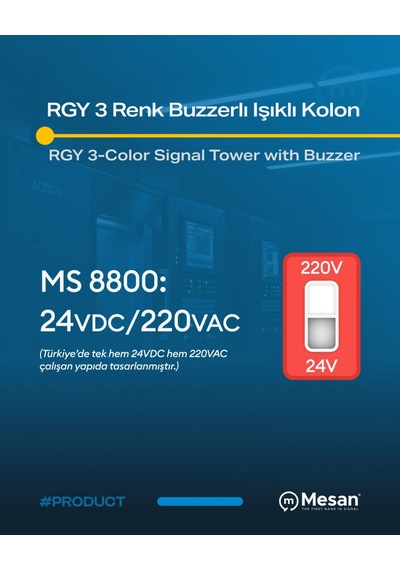 Mesan Ø50 Rgy 3 Renk Buzzerlı Işıklı Kolon 24v / 220v Ms 8800