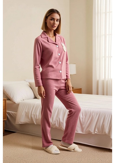 Benerly Kadın Gömlek Yaka Standart Kol Regular Kalıp Polar Pijama Takımı Gül kurusu