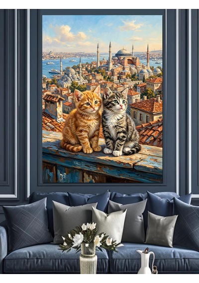Çatıda İstanbul Manzaralı İki Kedi Dekoratif Kanvas - Mdf Ahşap Tablo Çok Renkli