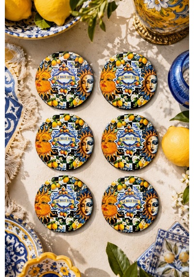 Sicilya Temalı Güneş Ay Figürlü Bardak Altlığı 6 Lı Set Çok Renkli