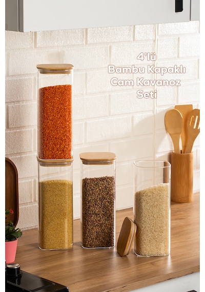 Porsima 7-4 Bambu Vakumlu Kapaklı Kare Borsilikat Cam 4lü Kavanoz Seti Saklama Kabı 1900ml 9,5x27cm