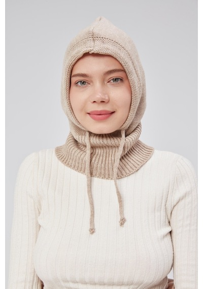 Derikem Lüks Kadın Kışlık Balaclava Triko Örme Başlık Bej