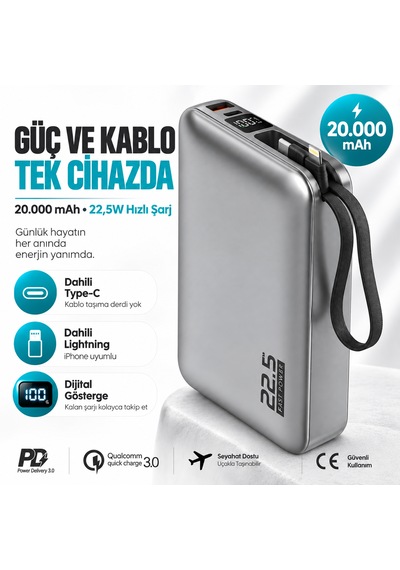 Xcharge 20000 Mah 22.5w Hızlı Şarj Powerbank Kendinden Kablolu Type-c Lightning Gümüş