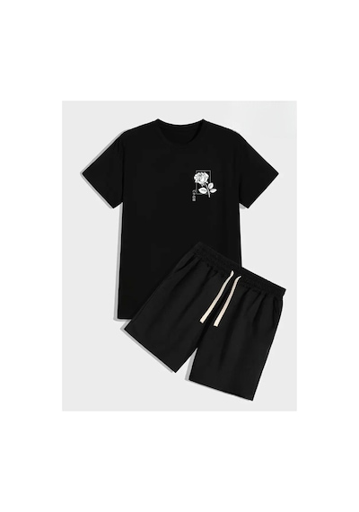 Medinenur Baskılı T-shirt Short Bol Paça Rahat Kalıp Siyah Alt Siyah Üst Short Takım Siyah
