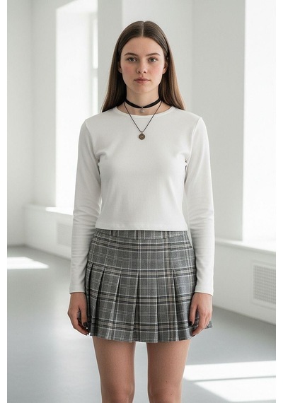 Madmext Gri %100pamuklu Ekose Desen Pileli Mini Şort Etek Mg2629 Gri