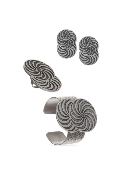 Kadın Antik Gümüş Kaplama Spiral Baskılı Tasarım Küpe &yüzük &bilekik Set Gümüş