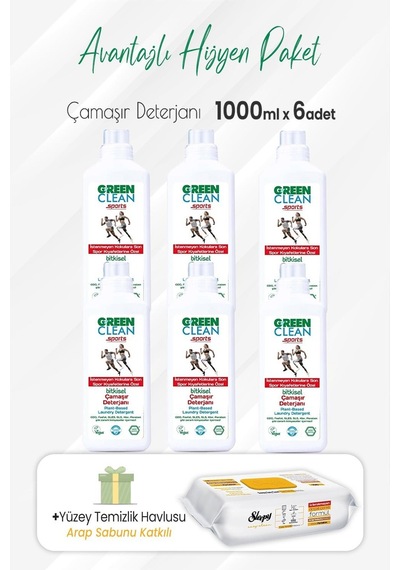 U Green Clean Sports Çamaşır Deterjanı 6 x 1 L + Sleepy Arap Sabunlu Temizlik Havlusu 100'lü